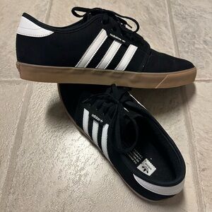 Adidas Men's Black and White Sneakers with Tan Sole